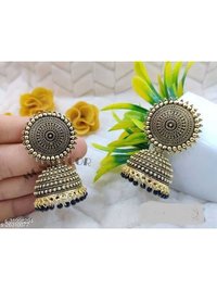 Vembley Embellished Golden and Black Pearls Dome Shape Jhumka Earrings For Women and Girls