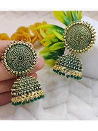 Vembley Stylish Traditional Golden and Dark Green Pearls Drop Dome Shape Jhumka Earrings