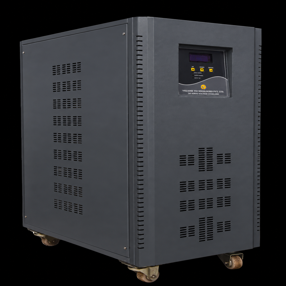 Three Phase Servo Controlled Voltage Stabilizer - Rated Capacity 100 KVA, Input Voltage 295-465V, Output Voltage 400V+/-1% , 1 Year Warranty, 150 KG Weight, 90% Efficiency