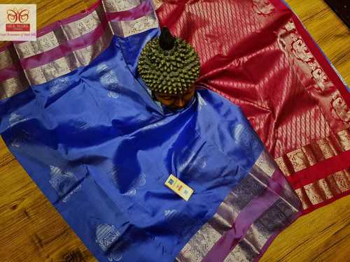 Blue With Red Pure Kanjivaram Soft Fancy Border Saree