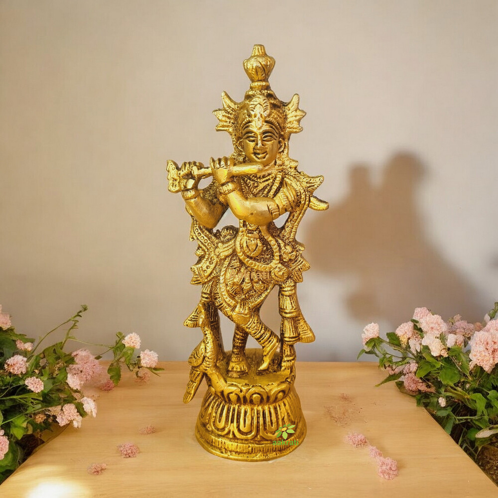 Metal Lord Krishna Brass Made Hand Carved Designer Statue