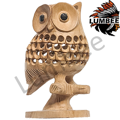 Wooden Handmade Carved Small Owl on Branch Statue