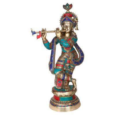 Krishna Brass metal Hand made stone work finish Religious figure