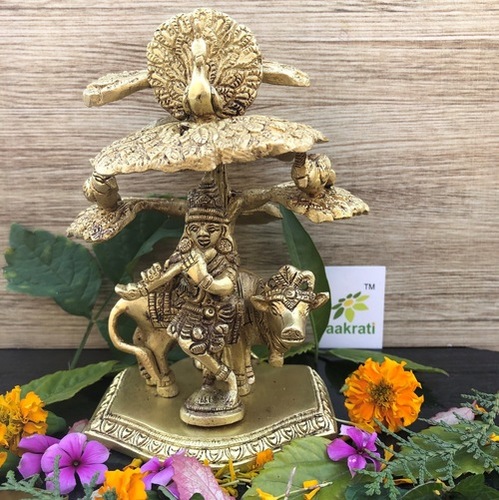 Elegant statue of Lord Krishna playing flute under tree with cow Decorative Showpiece