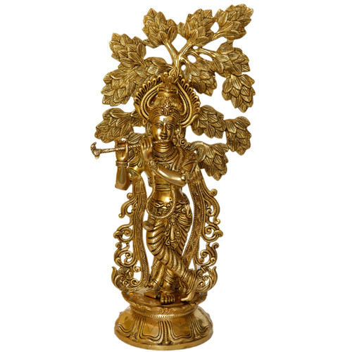 Metal Hindu Religious Figure Krishna Brass Made Hand Carved Pooja Ghar Office Decor Statue