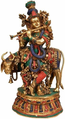 Lord Krishna Playing Flute with Cow Sculpture