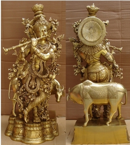 Metal Lord Krishna Playing Flute With Cow Made Of Brass