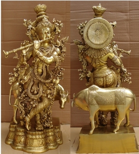 Lord Krishna Playing Flute with cow Idol Made of Brass
