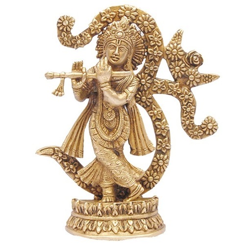 Lord Krishna Statue Playing Flute with Symbol of Om Made of Brass
