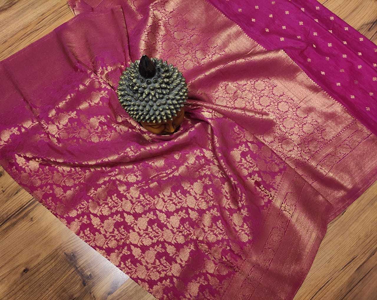 Khadi Georgette silk saree with gold jarie pink