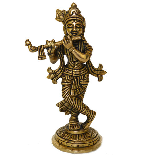 Yellow Lord Krishna Hand Carved Decorative Brass Made Statue