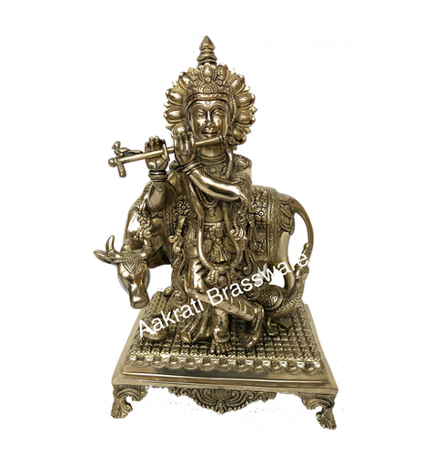 Metal Lord Krishna With Cow Hand Carved Brass Statue