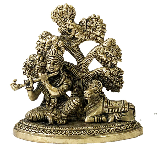 Lord Krishna Sitting under a tree playing flute with cow brass made decorative Murti for gift decor