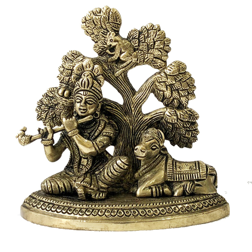 Lord Krishna Sitting under a tree playing flute with cow brass made decorative statue for gift decor