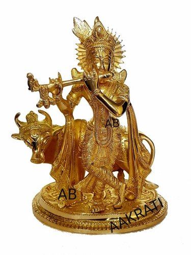 Metal Krishna With Cow Playing Flute Brass Made Murti By Aakrati