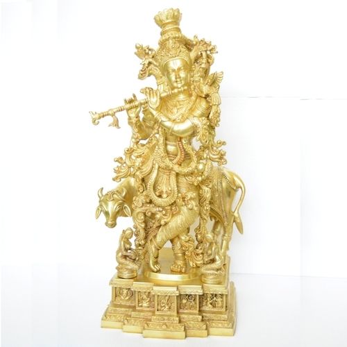 Lord Krishna Hand Carved Brass Metal Statue