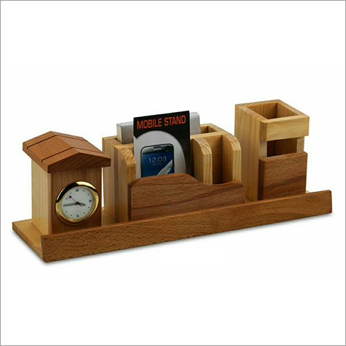 Wood Wooden Pen Holder With Clock  And Mobile Holder