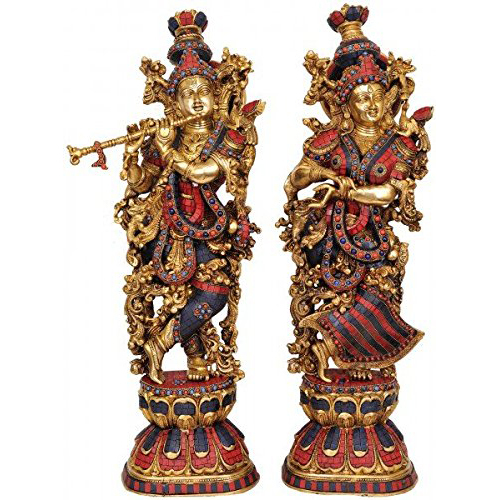 Aakrati Radha Krishna Statue Made in Brass  Hindu God Religious Figurine Idol Turquoise Handwork Big Murti 29 inch in Height  Home Decor  Showpiece Decorat
