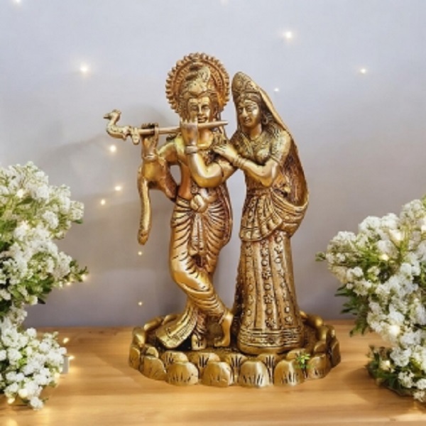 Metal Aakrati Love Couple Radha Krishan Glorious Statue Of Brass Brown