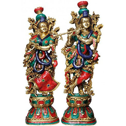 Metal Radha Krishna Idol  Set Of 2  Brass Idols Turquoise Coral Color 29