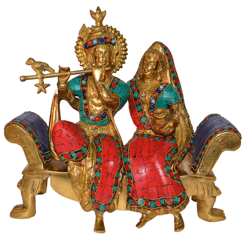 Radha Krishna Sitting On a Sofa Set with Turquoise Work