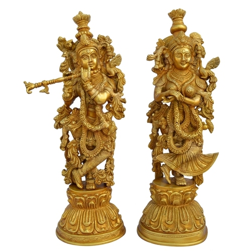 Aakrati Radha Krishna Brass Statue with Decorative Carving and Attractive Look Yellow