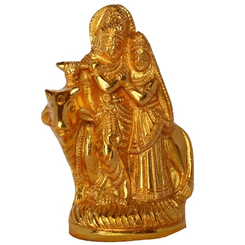 Radha Krishna Statue With Cow in Golden Finish