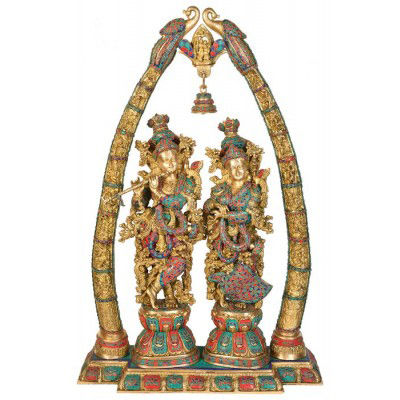 Radha Krishna Statue with peacock design Sculpted in Solid Brass Metal for Home Temple