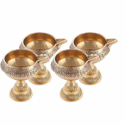 Polishing Pure Brass Handcrafted Diwali Kuber Deepak On Stand Diya Oil Lamp For Puja Home Decor Pack Of 4