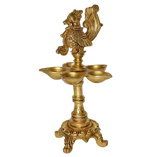 Aakrati Brass Standing Oil Lamp with A Small Bird Figurine at Top for Home Hotel Cottage Resort Decoration Handmade in India Vintage Decoration Table Decoration