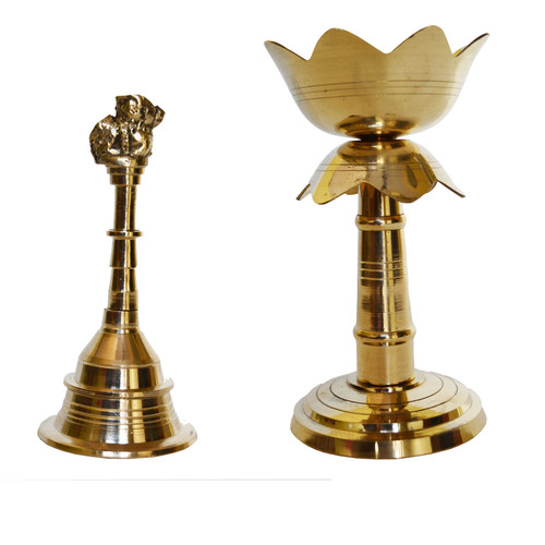 Aakrati Brass Akhand Diya and Hand Bell Combo for Gift Pooja Accessories for Home Temple