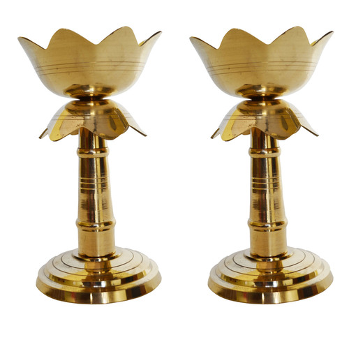Pair of Brass Akhand Diya in Lotus shape in Antique Finish for Temple