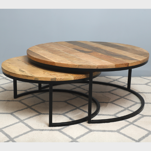 Handmade Set Of 2 Wooden Round Table