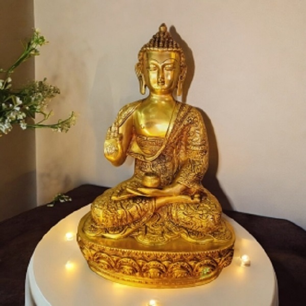 Metal Aakrati Handmade Brass Lord Buddha Designer Statue Yellow