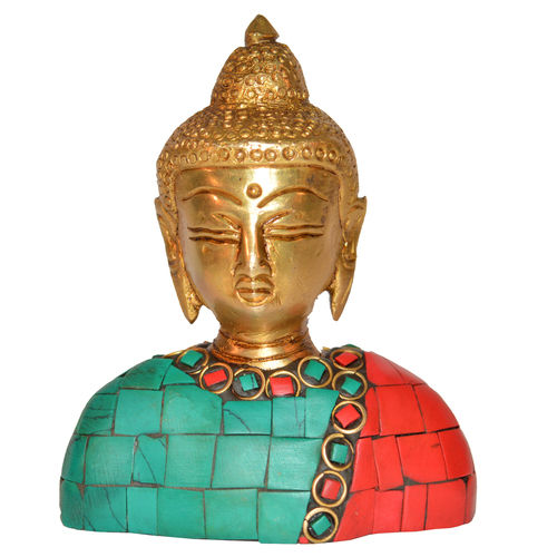 Metal God Buddha Bust With Coral Stone Work Of Brass