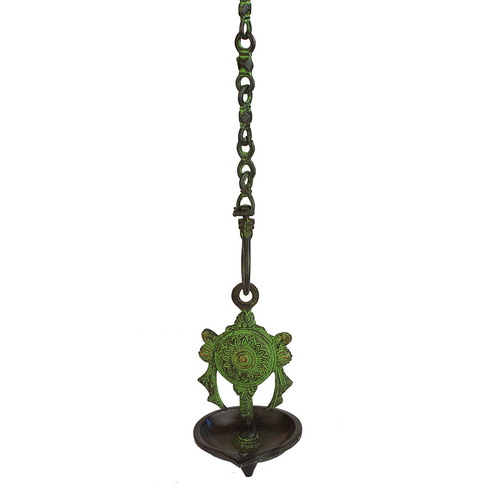 Hanging Chakra Oil Lamp in Brass in Green Finish