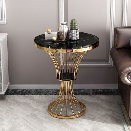 Black Round Natural Stone Side Table Spiral Shaped
