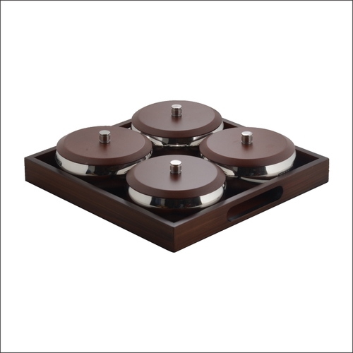 Stainless steel opal bowl 4 pcs with wooden tray