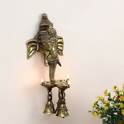 Polishing Wall Hanging Three Diya Oil Lamp With Small Bells