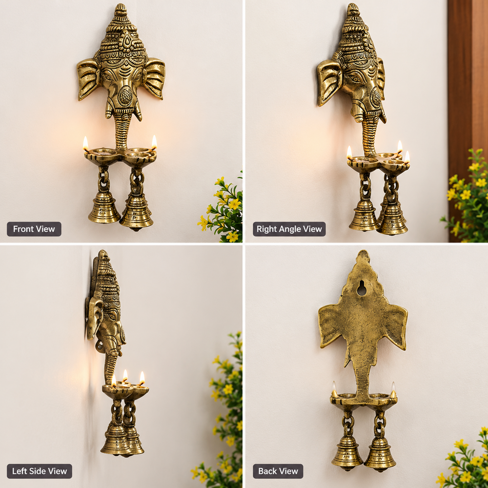 Ganesha Wall Hanging Three Oil Lamp With Small Bells - Finishing: Polishing