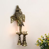 Ganesha Wall Hanging Three Oil Lamp With Small Bells - Finishing: Polishing