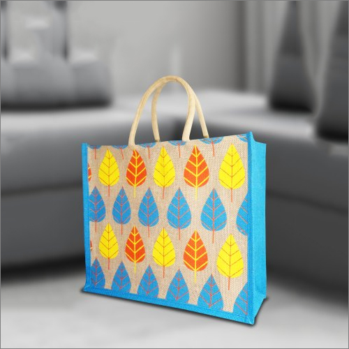 Blue Printed Loop Handle Jute Shopping Bag