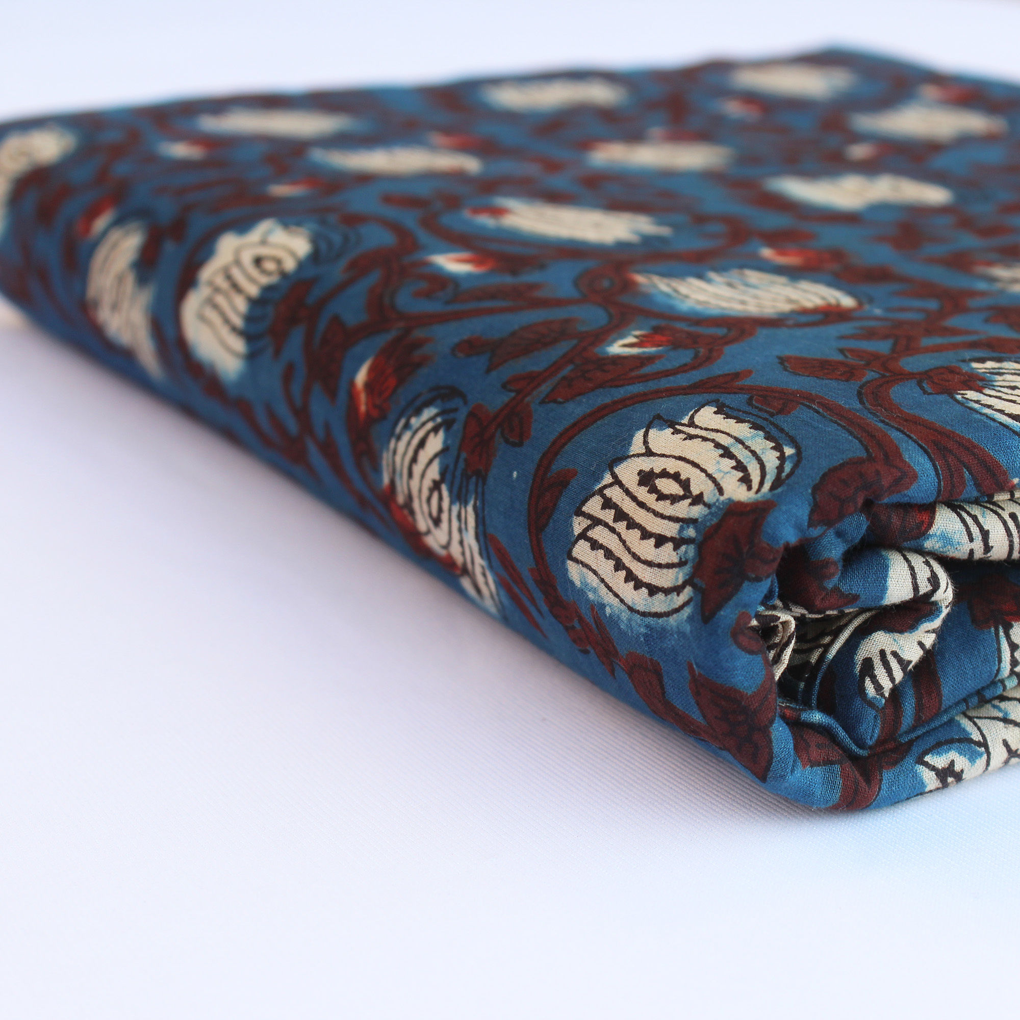Indigo Blue Hand Block  Lotus Print Fabric