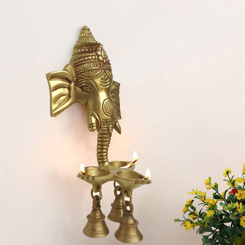 Aakrati Wall Hanging Three Diya Oil Lamp with Small Bells
