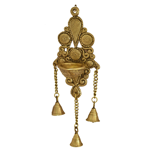 Polishing Aakrati Wall Hanging Deepak Also As Candle Stand With Bells Made Of Brass Metal  Wall Decor Indian Showpiece For Gift Total Height 11 Inch