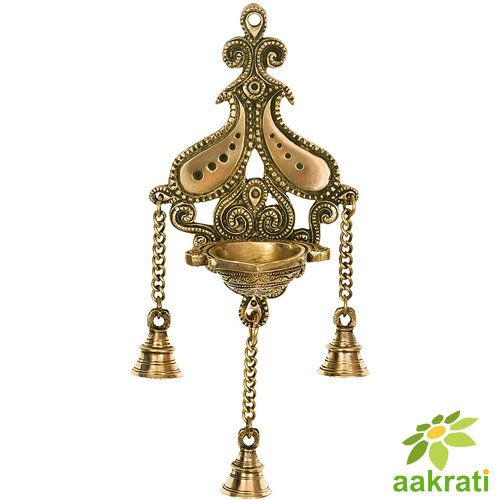 Wall Hanging Brass Diya Oil lamd deepam with Bells in Glossy Black Antique Finished