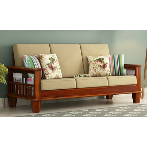 Brown Teak Wood Three Seater Sofa