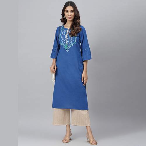 Neck Printed Blue Kurti