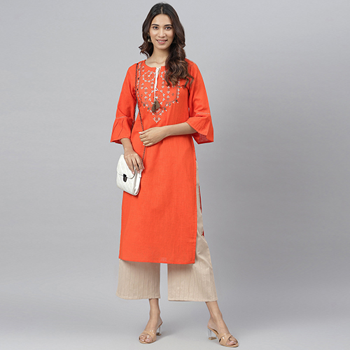 Printed Neck Orange Cotton Kurti