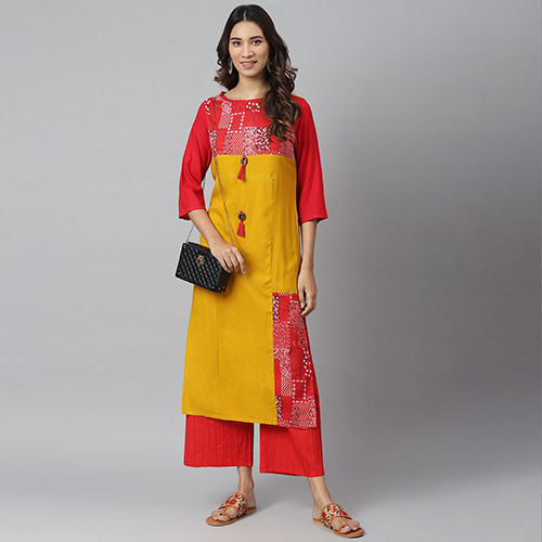 Red Yellow Block Printed Kurti